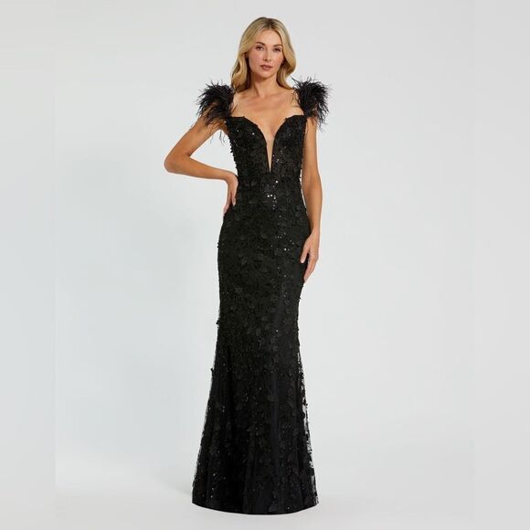 MAC DUGGAL 20889 Womens Black Sheer Applique Bustier Gown with Feather Straps - Picture 2 of 14
